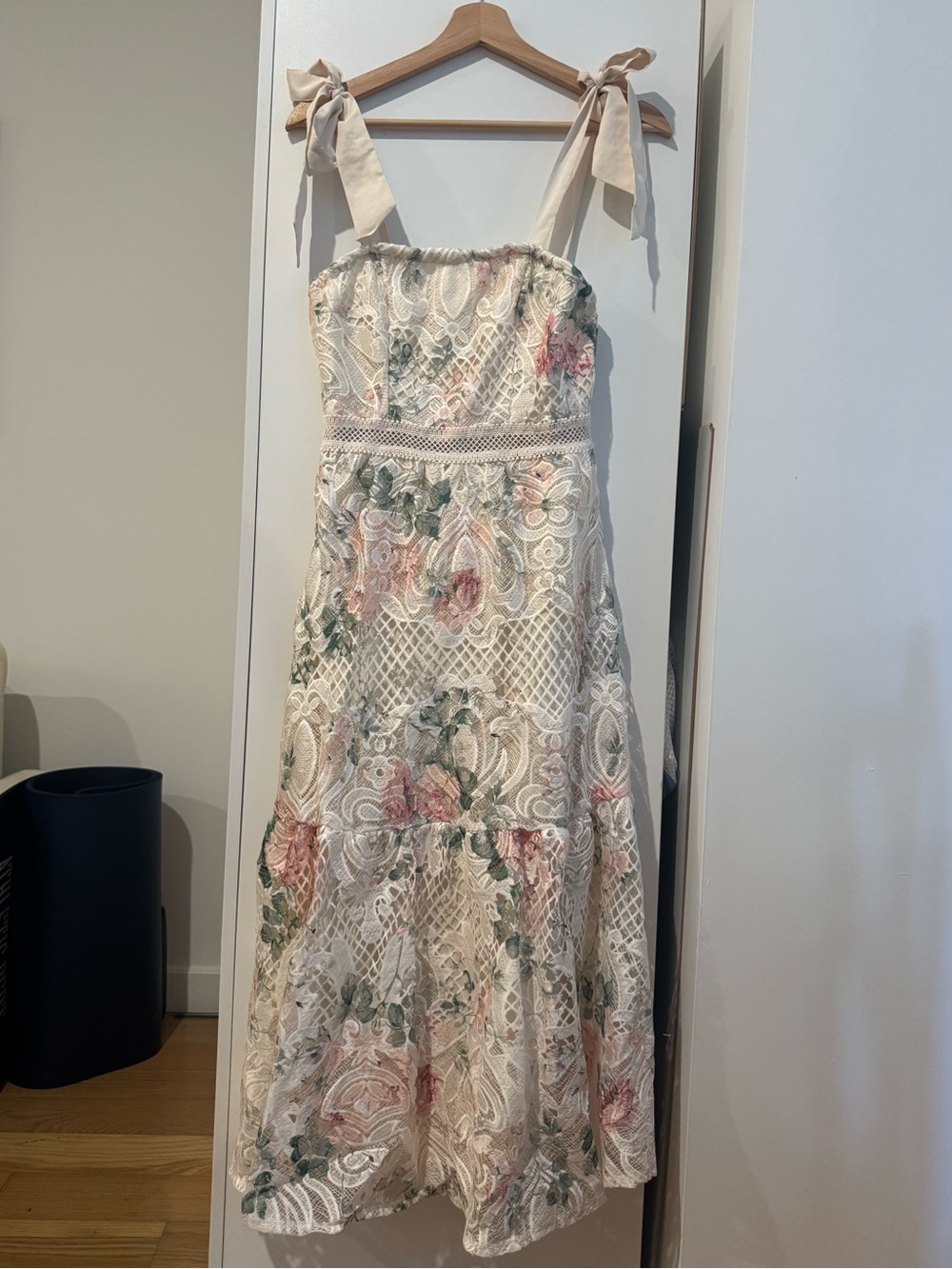 Ivory Floral Lace Midi Dress with Tie Straps - Picture 5 of 7